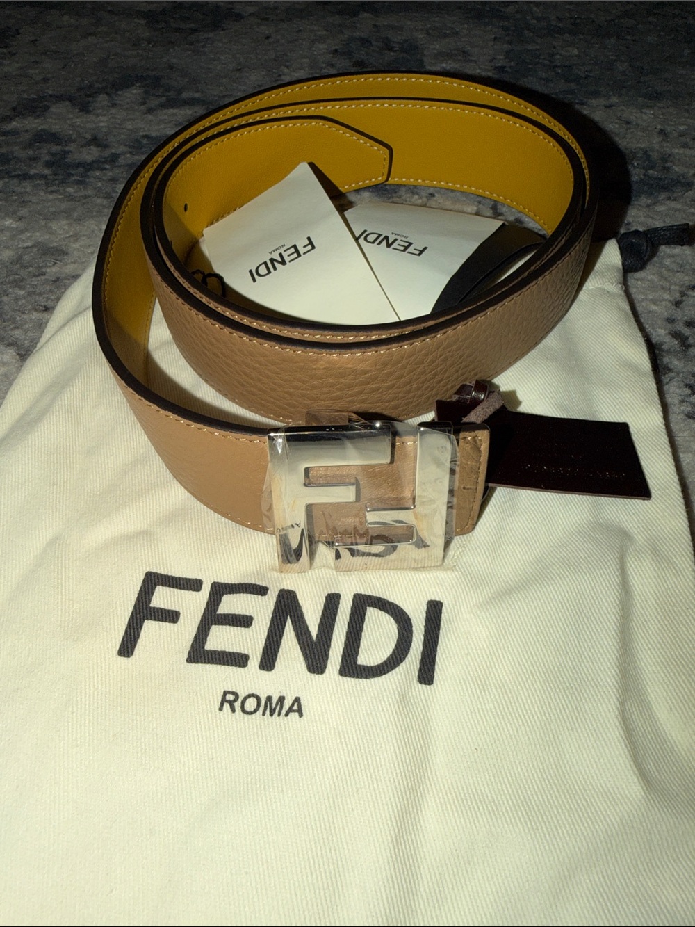 Fendi Reversible Leather Belt in Tan/Yellow